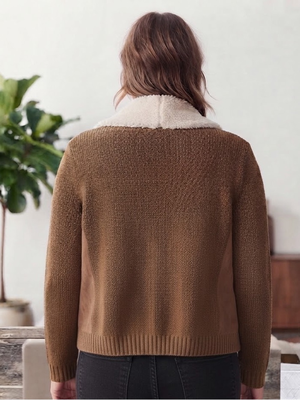 RUFF HEWN Sherpa Collar Faux-Suede Draped Jacket XL 22” p2p Brown/Cream $99 NWT - Picture 9 of 12